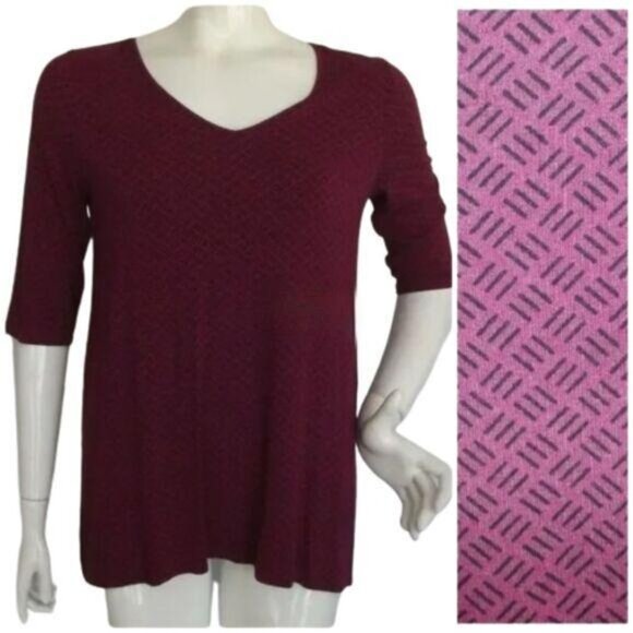 J.JILL Top/Tunic, SP Petite, Maroon, Crosshatch pattern, Mid-sleeve, - Picture 1 of 12